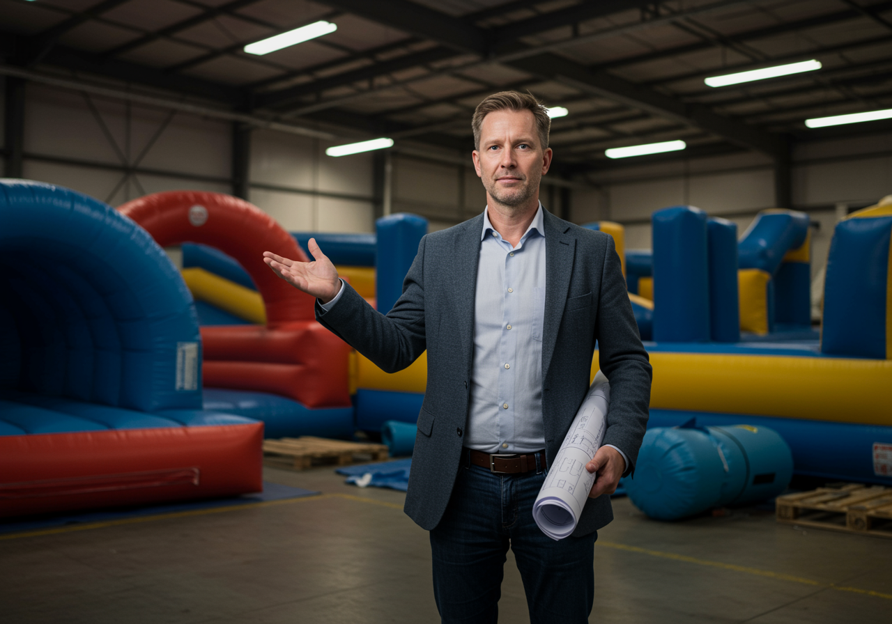 "Retrato corporativo realista de un hombre blanco de unos 40 años en un taller de fabricación de castillos inflables, mostrando liderazgo y experiencia en producción."