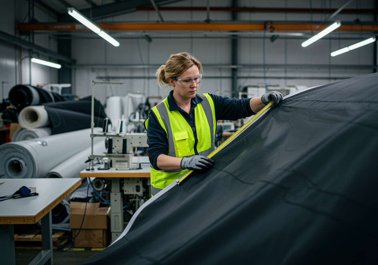 "Inspección de calidad en fábrica: mujer con equipo de seguridad revisando panel inflable con cinta métrica entre rollos de PVC y máquinas de coser."