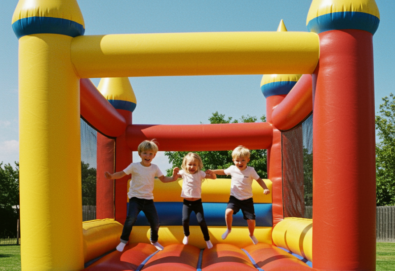 "Castillo inflable profesional colorido en césped verde, con niños saltando felices, destacando su durabilidad y seguridad."