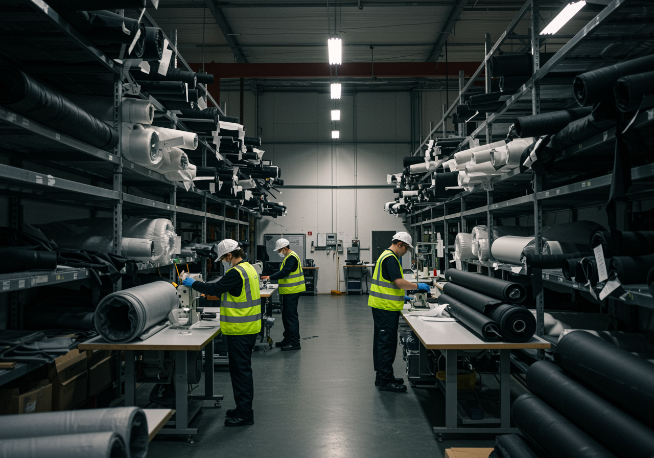 "Taller de fabricación de inflables con telas de PVC, máquinas de coser industriales y técnicos revisando costuras en un ambiente limpio y organizado."