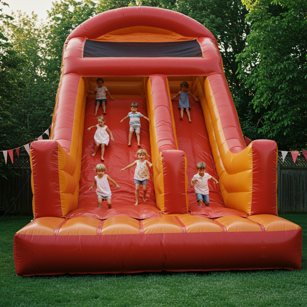 "Gran tobogán inflable profesional en rojo y naranja para fiestas, con niños disfrutando en un ambiente festivo de verano."