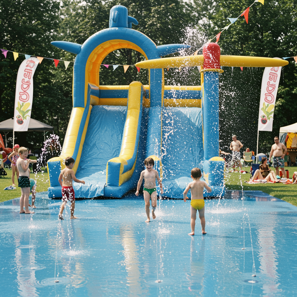 "Castillo inflable acuático en un festival de verano con toboganes, cañones de agua y niños jugando entre chorros, ideal para diversión familiar al aire libre."
