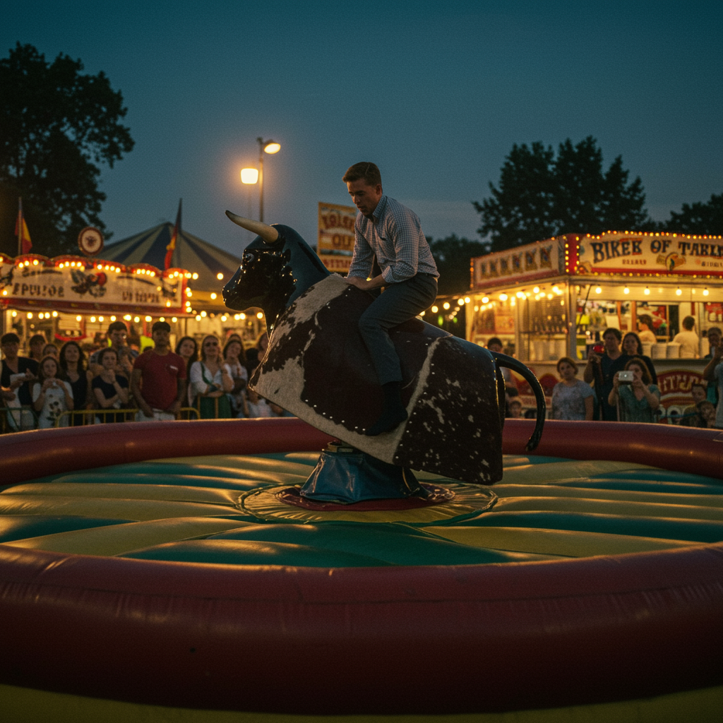 "Montaje de un toro mecánico en un carnaval nocturno, donde un hombre vestido con camisa de botones disfruta del emocionante paseo mientras la multitud aplaude y captura el momento bajo luces cálidas."