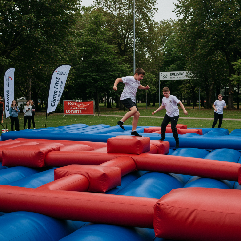 "Zona de juegos inflables con módulos saltarines en rojo y azul, donde niños activos juegan en un parque al aire libre, rodeados de árboles y césped."