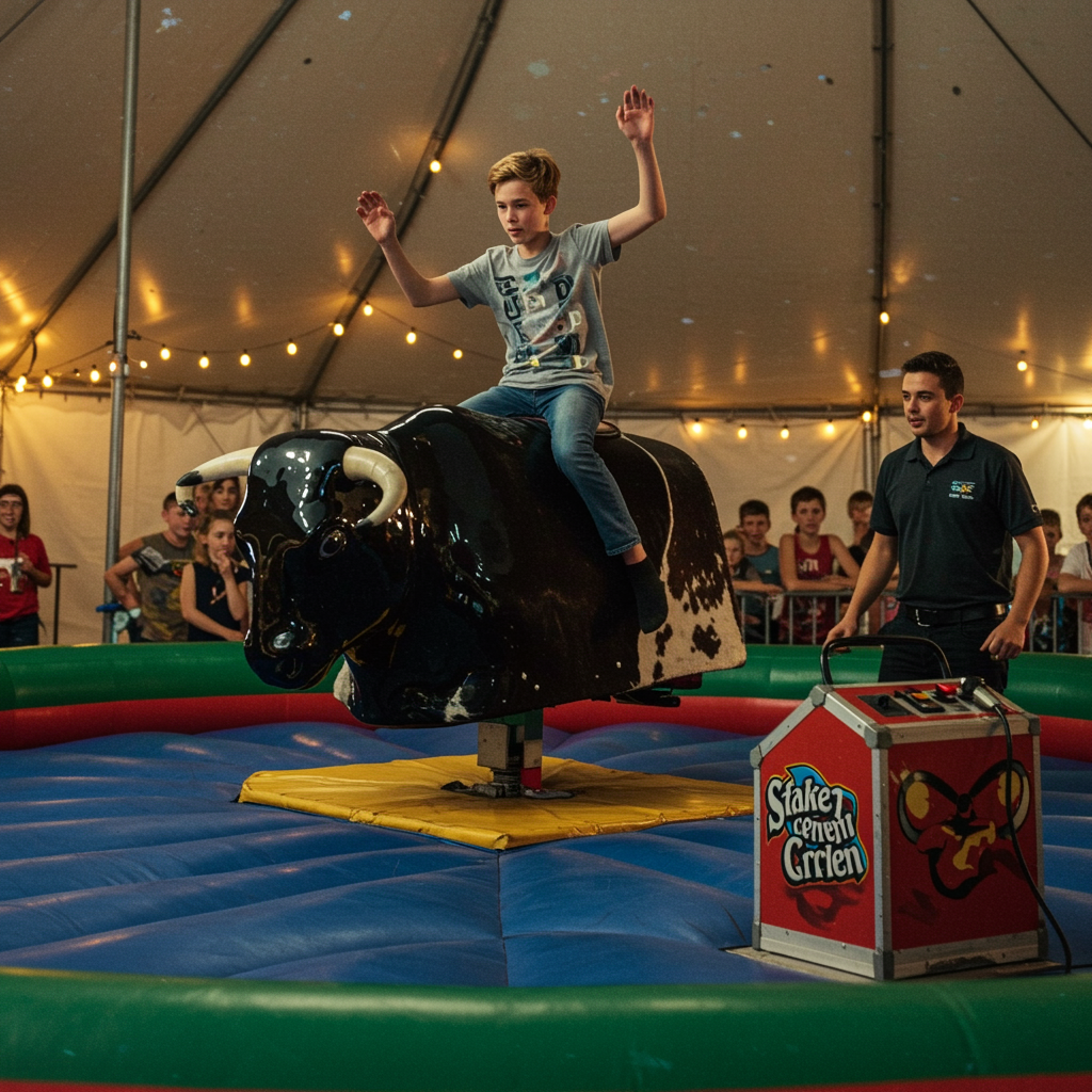 "Joven montando un toro mecánico en una feria, rodeado de carpas y luces, sobre una colchoneta inflable segura."