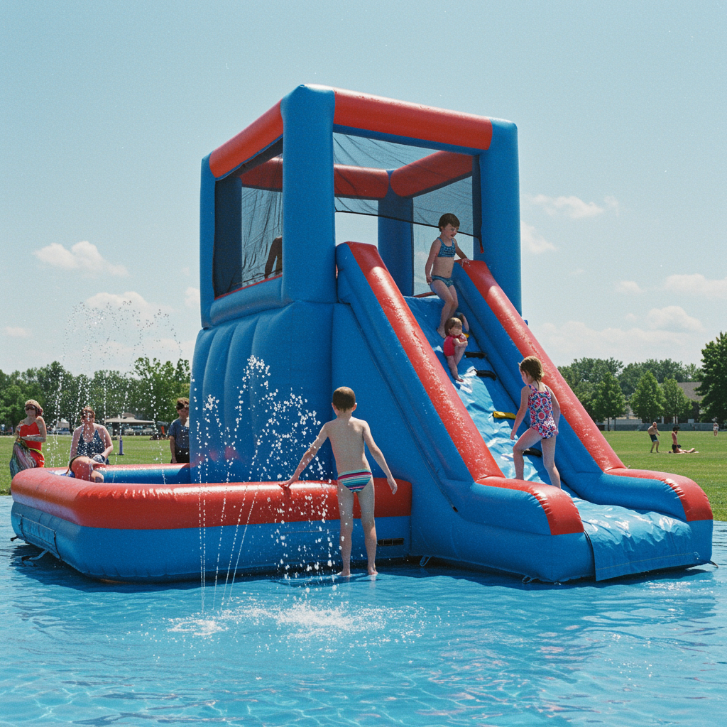 "Castillo inflable de agua colorido y profesional en un evento al aire libre, donde niños disfrutan de un tobogán y piscina de chapoteo bajo el sol."
