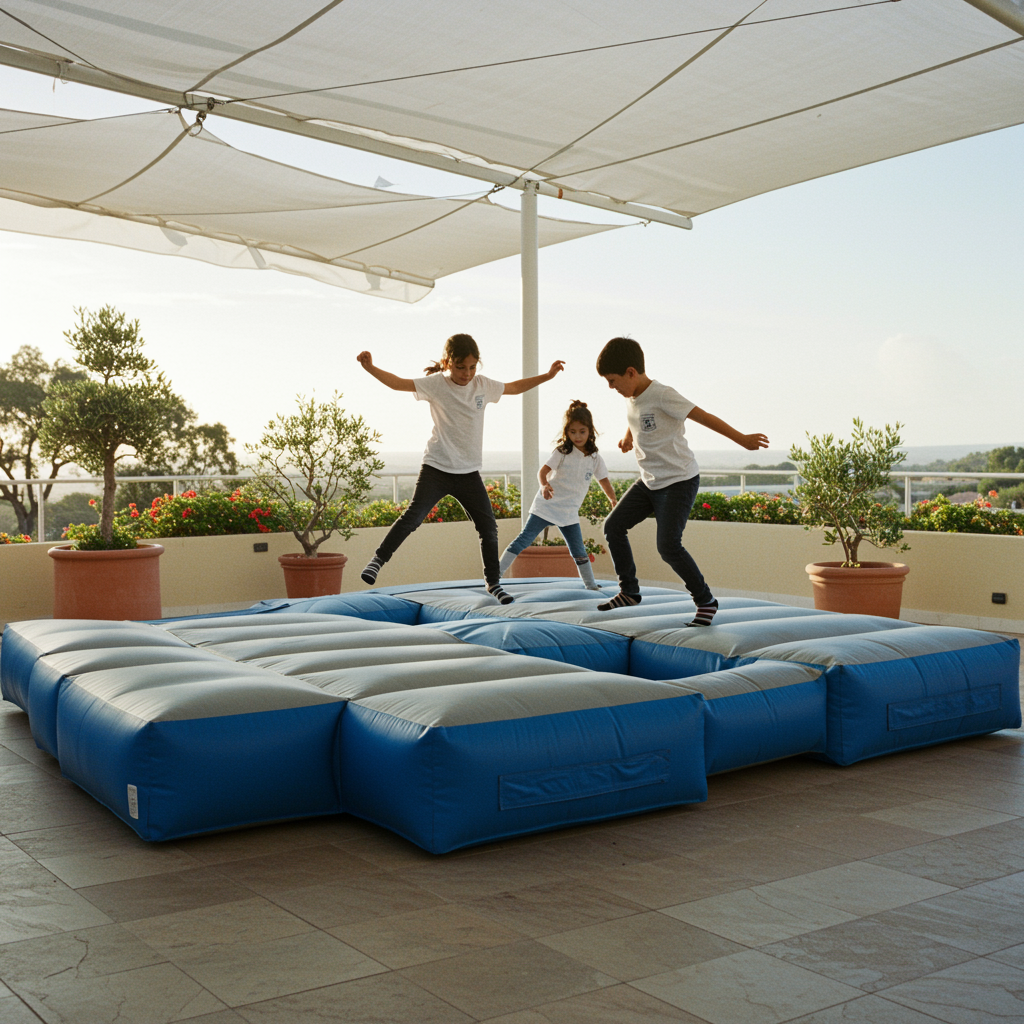"Plataforma inflable modular para eventos en un patio de hotel, con niños brincando sobre módulos bouncy en tela duradera azul y gris, rodeados de plantas y un cielo despejado."